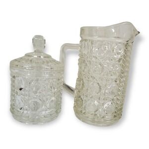 Vtg 6" Pitcher Federal Glass Windsor Button & Cane pressed Glass 2 Cup Sugar